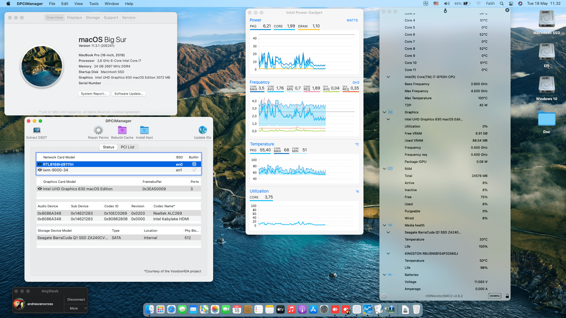 Success Hackintosh macOS Big Sur 11.3.1 Build 20E241 in MSI GF75 Thin 9RCX